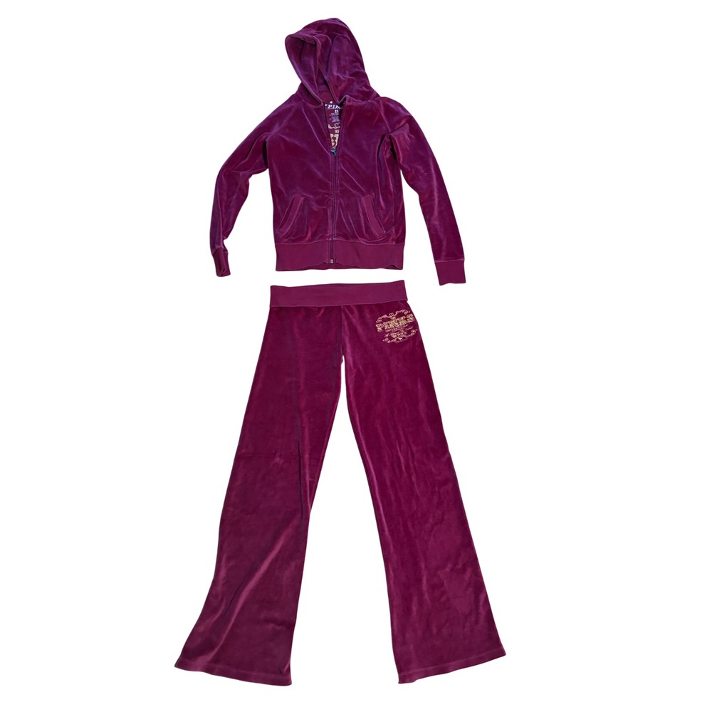 Vintage Y2K VS PINK Velour Tracksuit Set Back Embroidered Logo Foldover Rare XS